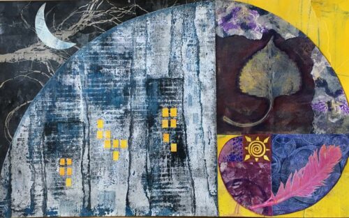 Printed paper collage of a golden ratio spiral. One side is a night scene of moon and buildings, the other of a leave, feather and sun.