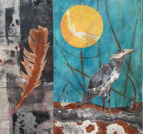 Printed paper collage of a feather, and marsh, bird and sun