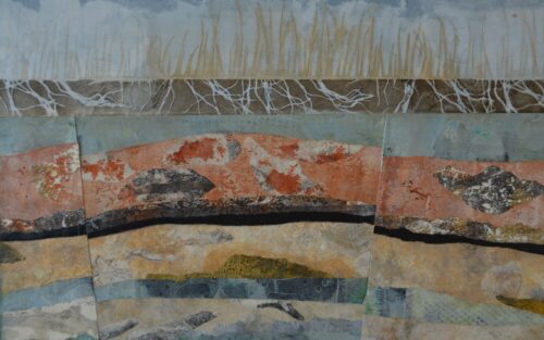 collaged image of layers of the earth with grass at the top layer