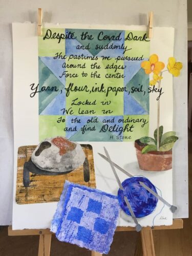 Collage showing knitting, an orchid and a loaf of bread, with a poem about rediscovering old pasttimes.of the pandemic in the background.
