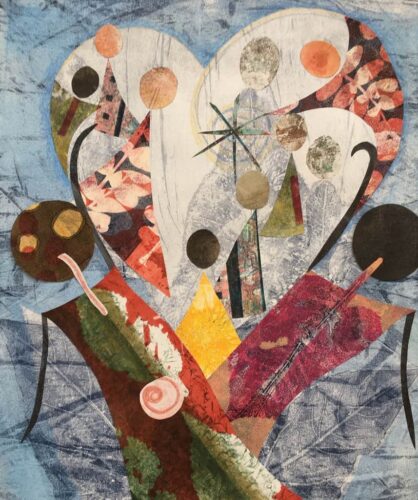 Collage made from printed papers. Conveys diversity in the human family in a heart shape.